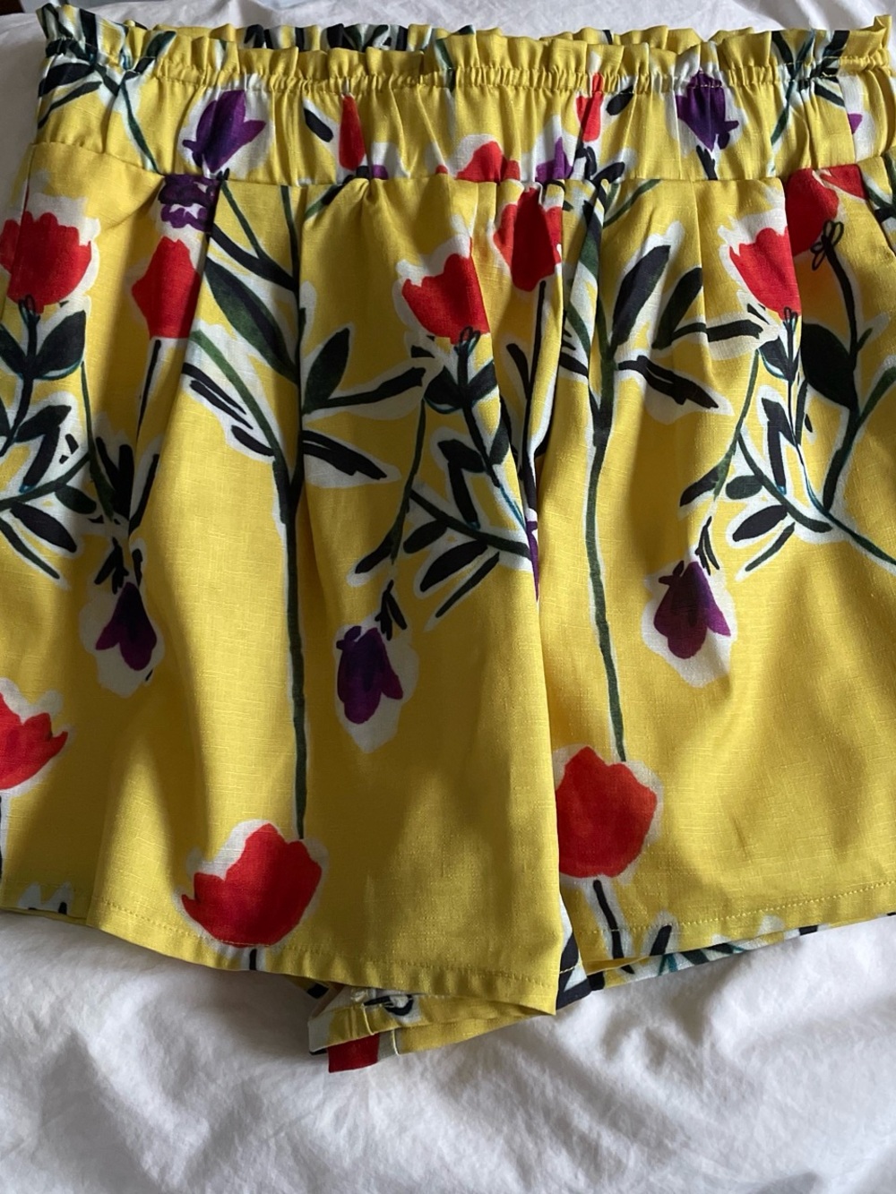 Luxxel Yellow Floral Elastic-Waist Shorts with Red & Purple Flowers